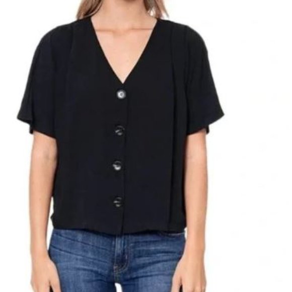 Elodie black button front short sleeve v-neck crop top women's large - Picture 1 of 3